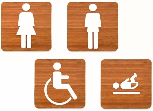pack de placas de madera para señalizar los baños de minusvalidos, bebes, hombres y mujeres